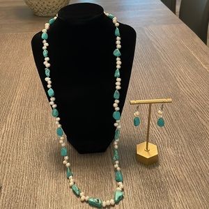 Turquoise and pearl earring and necklace set